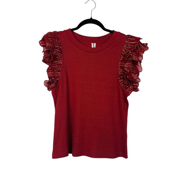 Anthropologie Tops - Anthropologie Shirt Womens Large Red Ruffle Sleeveless Gold Metallic Knit Top